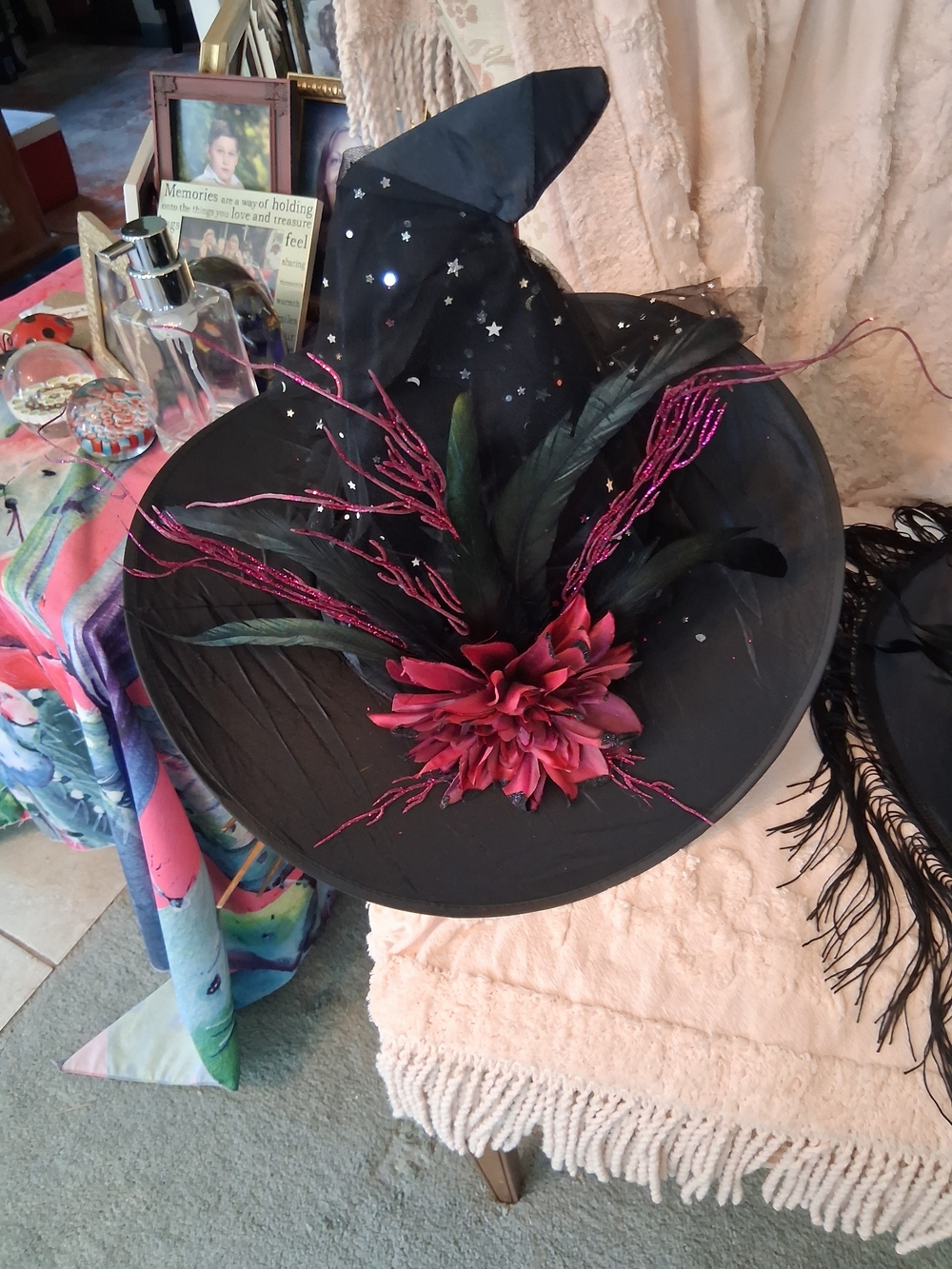 Black Witch Hat with Burgundy Flower Accent